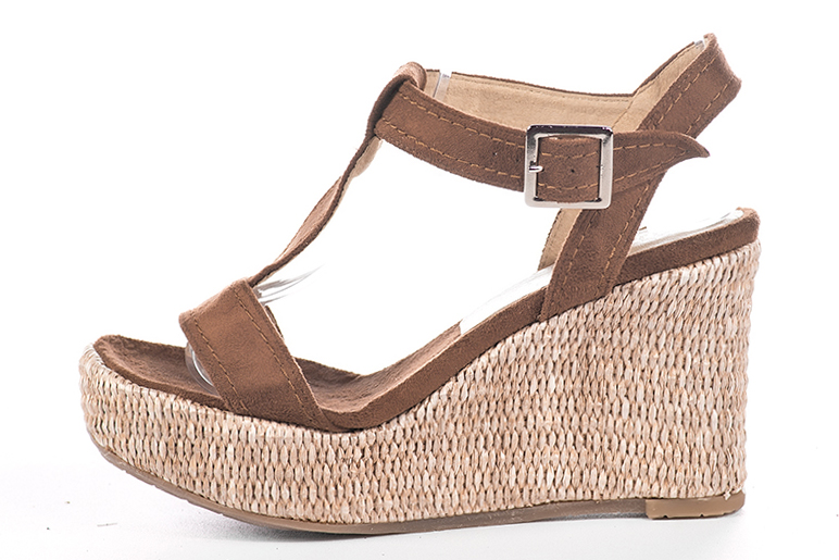 Caramel brown women's fully open sandals, with an instep strap. Square toe. High wedge soles. Profile view - Florence KOOIJMAN